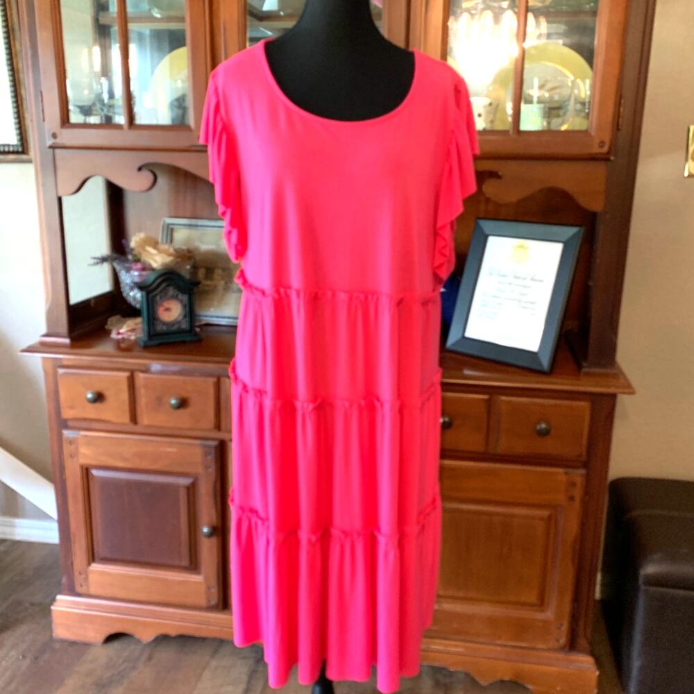 ZENANA HOT PINK RUFFLE SLEEVES TIERED SOFT KNIT SUNDRESS PLUS SIZE 3X